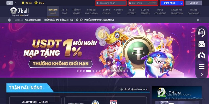 Đăng nhập 7Ball trên website